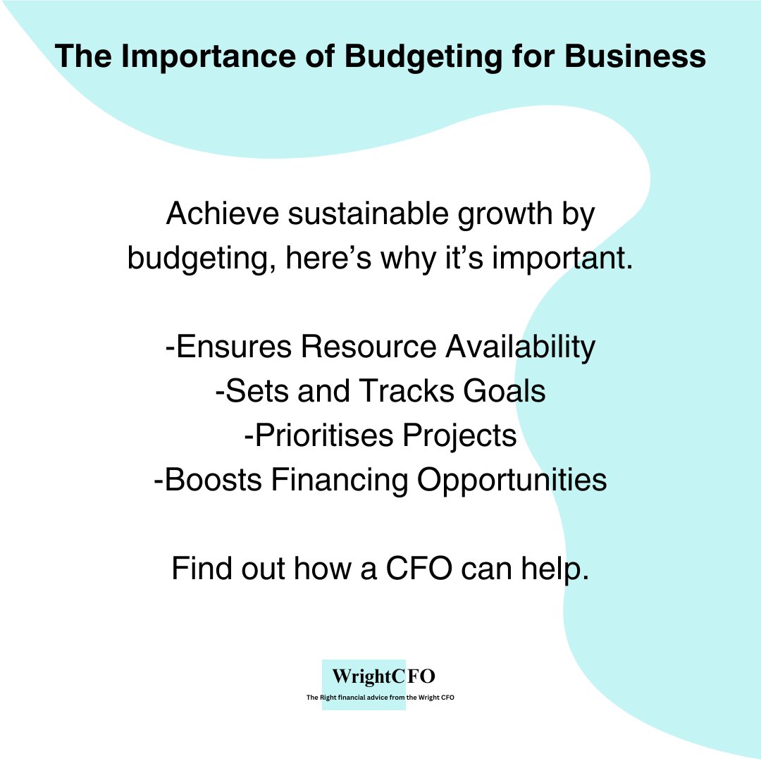 Budgeting helps your business achieve sustainable growth. Below are four reasons why budgeting is so important.  -Ensures Resource Availability -Sets and Tracks Goals -Prioritises Projects -Boosts Financing Opportunities Need help with your budget? DM me.