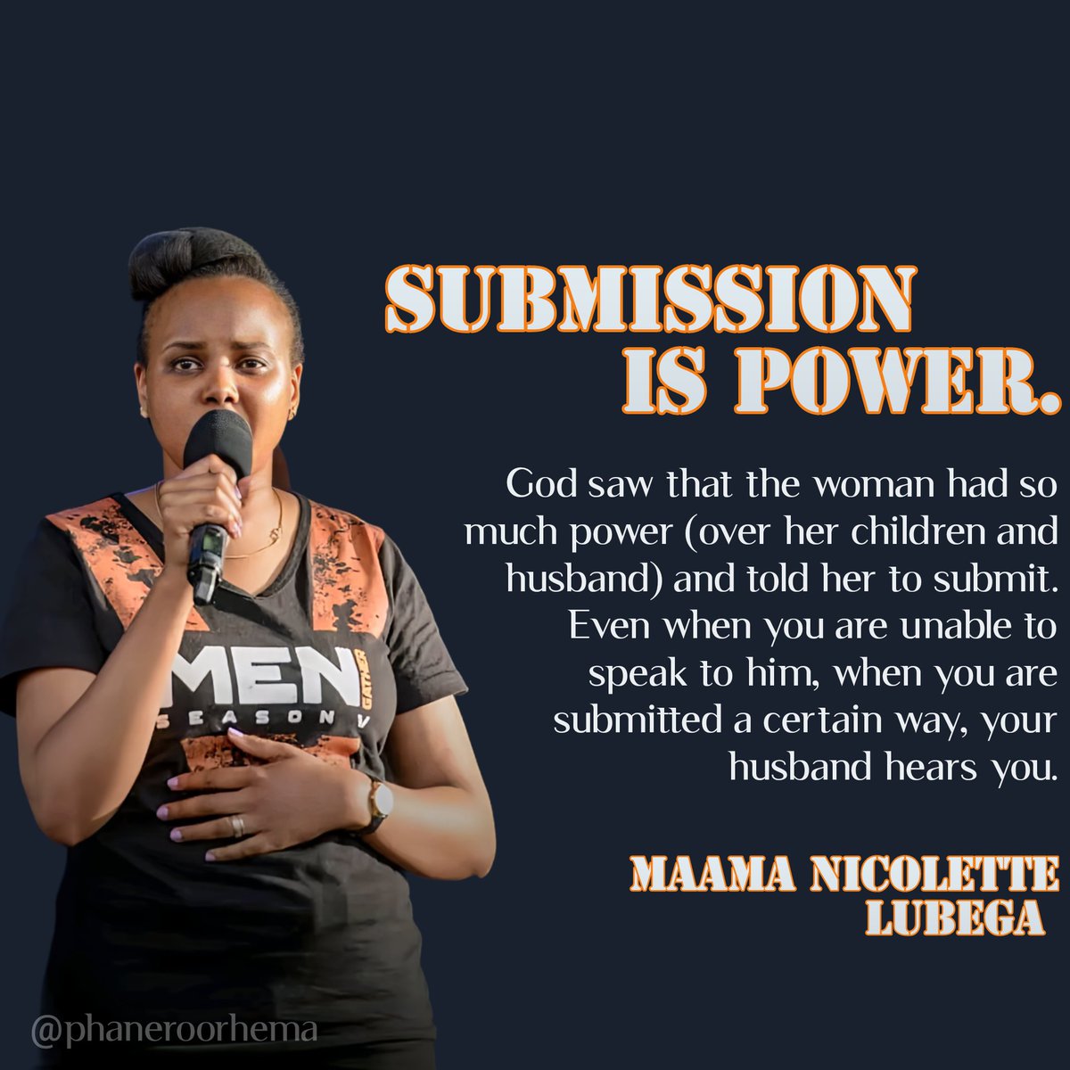 Submission is power.

God saw that the woman had so much power (over her children and husband) and told her to submit. Even when you are unable to speak to him, when you are submitted a certain way, your husband hears you.

Maama Nicolette Lubega 
#PhanerooRhema
#MyGreatPrice2024