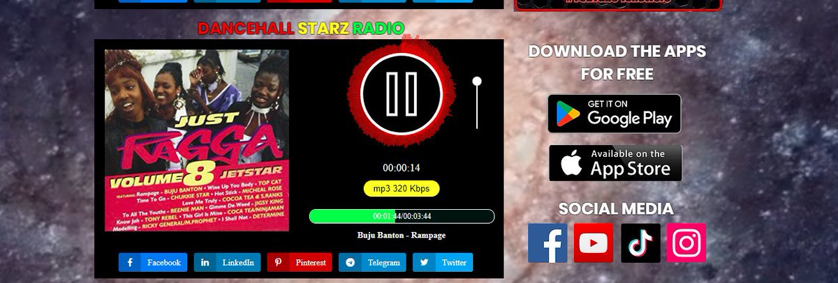 Dancehall Starz Radio
🔊Now Playing⏯Buju Banton-Rampage@ reggae-universe.com/#DancehallStar… @ReggaeStarz_RSR @LRG_ENT_GROUPUK @reggaeunivrse @reggaeunrecords @reggaeunivrsetv #roots #trap #Reggae #soca #dancehall #loversrock #afrobeat #DubNation #Jamaica #streamReggaeUniverse🌍