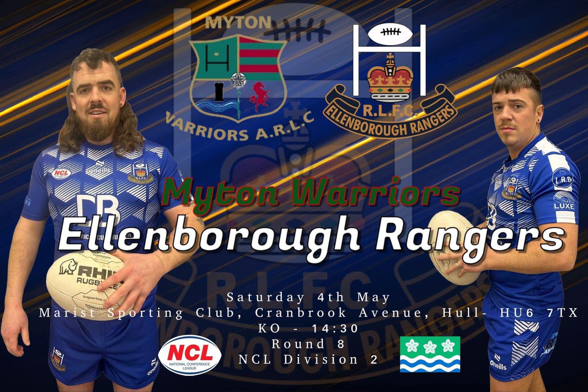 🔷 GAME DAY 🔷 🏆 @OfficialNCL Div Two - Round 8 🆚 @MytonWarriors (A) ⏰ 2:30pm KO 🏟️ Marist Sporting Club, HU6 7TX 📺 Todays game will be streamed live in Grasslot Welfare Sports & Social Club 🔵⚪️🔵