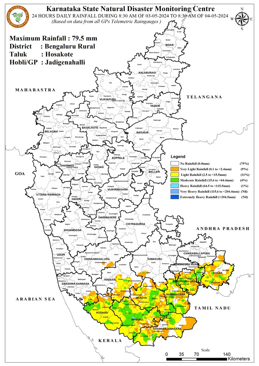 24hrs ☔️Map of #Karnataka from 8.30am on 3rd May to 8.30am on 4th May 2024, highest 79.5 mm ☔️ @Bengaluru Rural_Hosakote_Jadigenahalli. #Rainfall #thunderstorms #summerrains #PreMonsoon #nature #SpringRains #KarnatakaRains