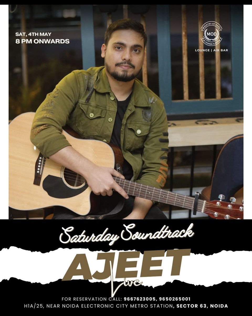 Experience the ultimate Saturday vibe with Ajeet’s live show at @MinistryofdaruM !

𝐅𝐨𝐫 𝐑𝐞𝐬𝐞𝐫𝐯𝐚𝐭𝐢𝐨𝐧:- Contact on 9667623005, 9650265001

#ministryofdaru #Noida #live #music #nightlife #SaturdayNightLive #restaurant #Delhi #TrendingNow #party #explorepage