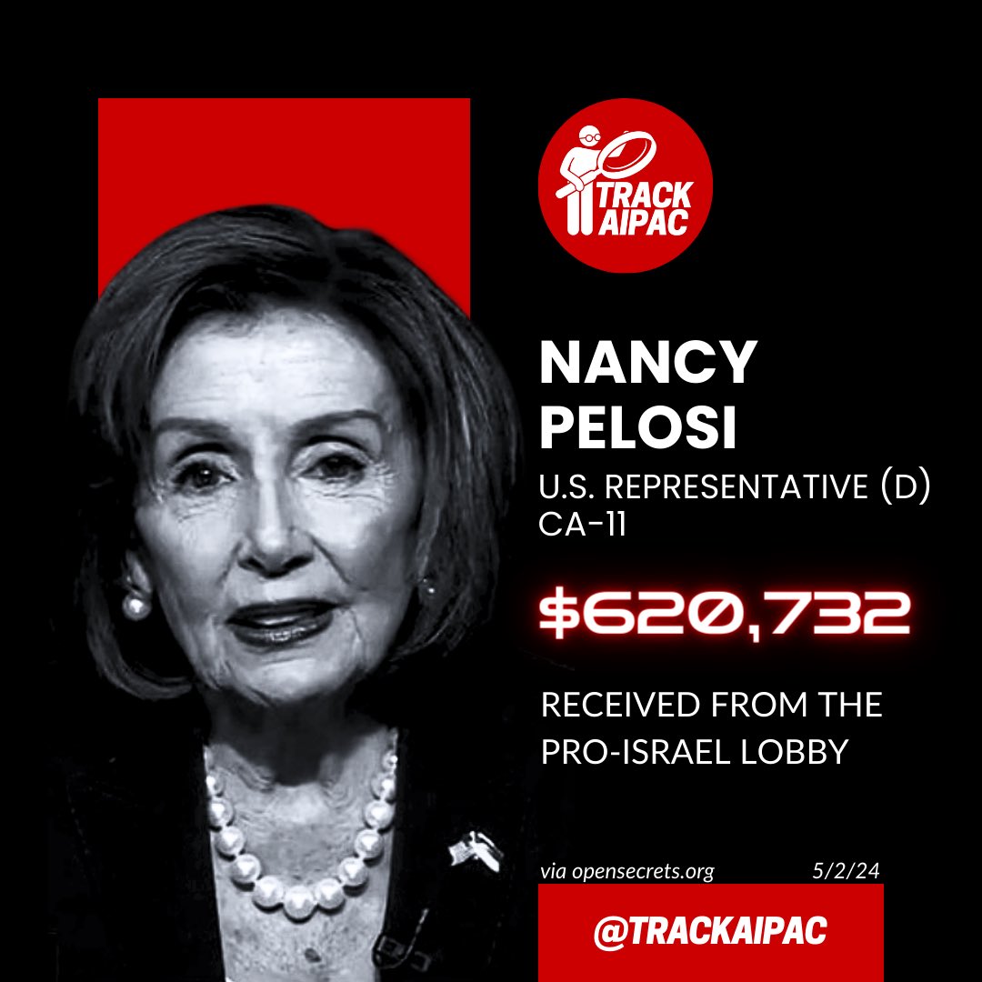 @SpeakerPelosi @POTUS Freedom? Nancy Pelosi has received >$620,000 from AIPAC and their allies. Now she is pushing the Israel lobby’s anti-free speech legislation attempting to CRIMINALIZE criticism of Israel. #RejectAIPAC