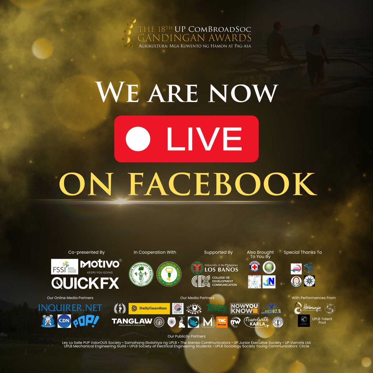 Opisyal nang nagsimula ang 18th UP ComBroadSoc Gandingan Awards. Para sa real-time updates, narito ang Facebook live stream: facebook.com/share/v/Sme3dG… #Gandingan2024 #GandinganAwards
