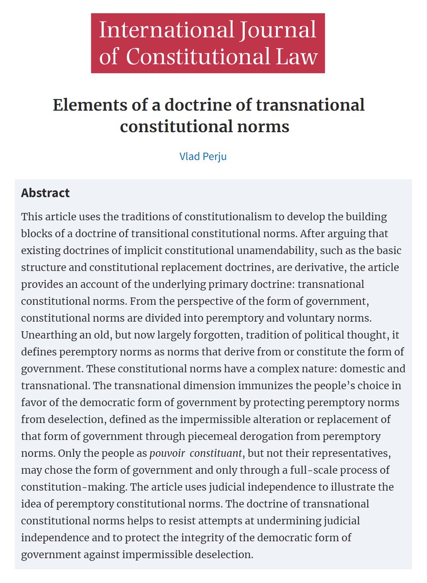 🌍 An important new paper by my friend Vlad Perju, just published in the International Journal of Constitutional Law: 'Elements of a Doctrine of Transnational Constitutional Norms.' Worth reading right away! Details: academic.oup.com/icon/advance-a…