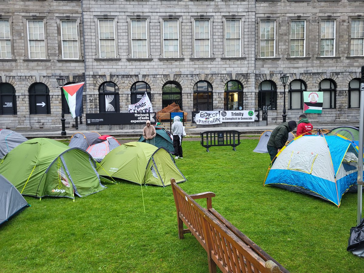 Morning one at Camp and spirits are high 🇵🇸 @TrinityBDS are going nowhere. Join the solidarity march from the Spire today at 12pm. Trinity must divest and cut all ties with zionist universities
