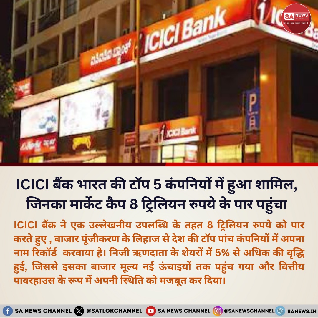 ICICI बैंक ने बाजार पूंजीकरण में एक ऐतिहासिक उपलब्धि हासिल की है, जब उसने 8 ट्रिलियन रुपये के पार किए और देश की शीर्ष पांच कंपनियों में अपना स्थान बनाया। निजी ऋणदाता के शेयरों में 5% से अधिक वृद्धि होने से इसका बाजार मूल्य नई ऊंचाइयों तक पहुंच गया है। यह उपलब्धि ICICI बैंक के…