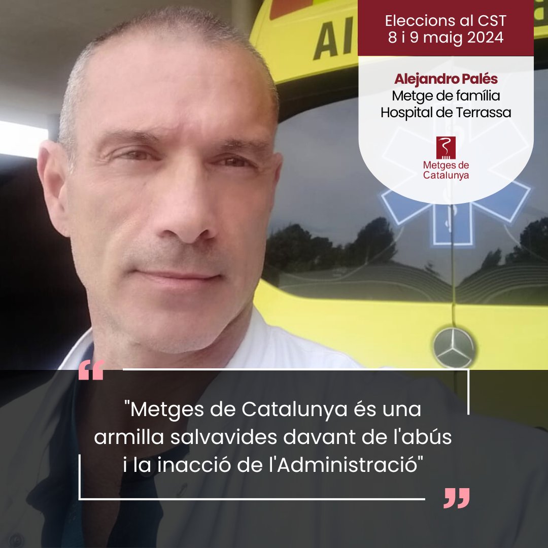 Testimonis #EleccionsCST2024

Alex Palés, metge del Servei d'Urgències del CST, ens explica perquè votarà @MetgesCatCST 

El 8 i 9 de maig, vota per tu!
Vota Metges de Catalunya!