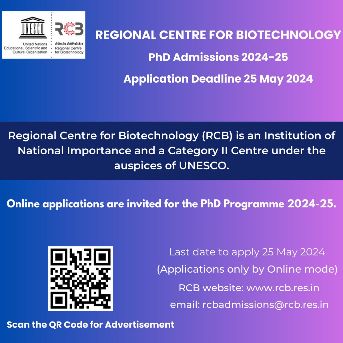 Call for applications for the RCB PhD Programme in Biotechnology 2024-25 (Monsoon Session)! Please refer to the flyer for details.