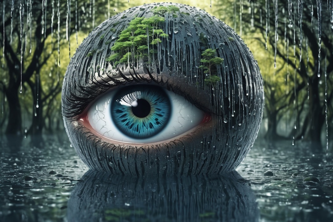 prompt: eyeball trees. Wallpaper 3D rain abstract eye reflection.Front background typographic inscriptions, .drawn symmetry,Disintegrated effect visuals Falling down of abstract mystical place #sdxl #prompting