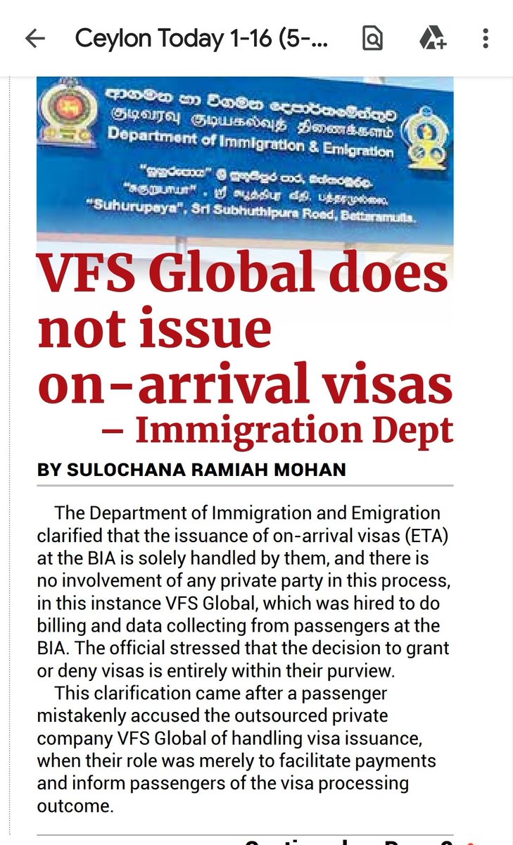 #DeptImmigration n Emi clarified  issuance of on-arrival visas (ETA) at the #BIA is solely handled by them.  #VFSglobal  hired to do billing and data collecting from passengers and sent to back-end where Immigration officals are. #Srilanka ceylontoday.lk/2024/05/04/vfs…