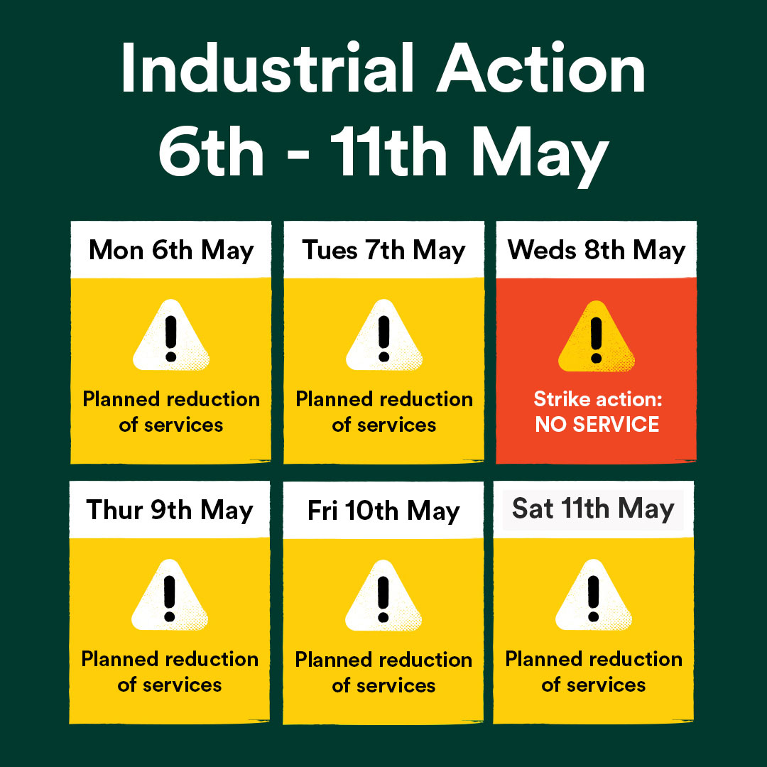 ⚠️ #LNRINFO - Industrial Action Monday 06/05 > Saturday 11/05 ⛔️ Wednesday 08/05 – Strike Day - NO SERVICE 🚦Mon 6th - Tues 7th, Thurs 9th - Sat 11th - planned reduction of services due to Action Short of Strike (ASOS) ℹ️ Full details: orlo.uk/bCav7