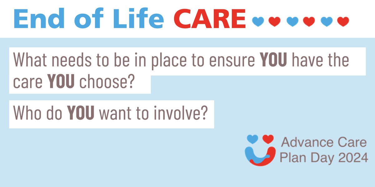 What needs to be in place to ensure YOU have the care YOU choose?

Who do YOU want to involve?

Learn more about the different types of Advance Care Planning: advancecareplanday.org/about-advance-… 

#ACPDay2024 #DMAW24 #TheWayWeTalkAboutDyingMatters #EOLc