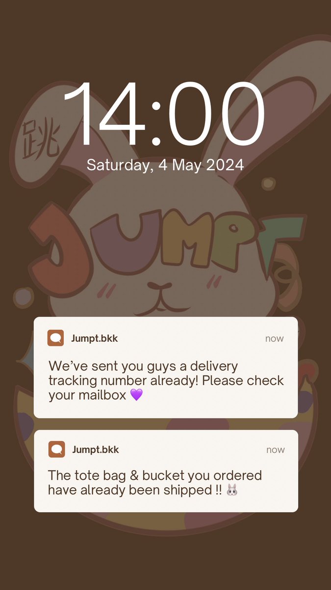 🐰 :  Halooo ~ I have something to tell you guys. Our #BorntobeJumpt Tote bag &amp; Bucket have already been shipped!! You can check the delivery tracking number in your mailbox 💜

#Jumptbkk
#BorntobeJumpt