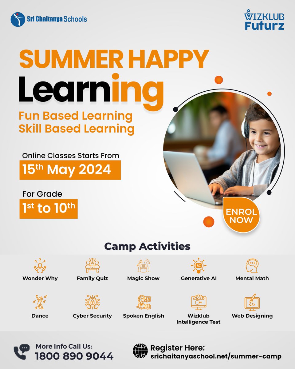 🌞 Registration is officially open for our Summer Happy Learning Program, available to all Sri Chaitanya and Non-Sri Chaitanya Students. 📷 Secure your spot here: scts.in/shl or visit the nearest Sri Chaitanya School. #WizKlub #skills #skillsdevelopment #SkillsForLife