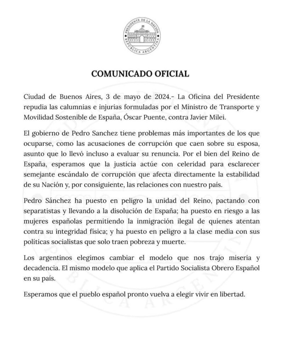 Grande @JMilei 👏🏻👏🏻👏🏻

Claro y conciso da un buen repaso a @sanchezcastejon contestando a @oscar_puente_  dos pájaros de un tiro 😁

Comunicado que no tiene desperdicio.
💪🏼 que rule!!!!

VIVA LA LIBERTAD CARAJO!

#SanchezDictador
#SanchezDimision
#BegoñaGate
#ConVoxOConNadie