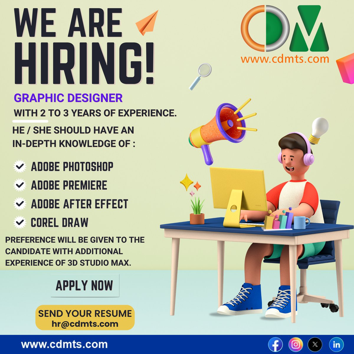 WE ARE HIRING! GRAPHIC DESIGNER…
Submit Your CV
Email: hr@cdmts.com
#hiringnow #hiring #newopening #graphicdesigner #cdmts #cdmtechnologies #cdmgroup #newjob #newjobalert #jobseekers #jobinterview #jobhunt #delhi #graphicdesignerjobs #graphicdesignerforhire #GraphicDesignersClub