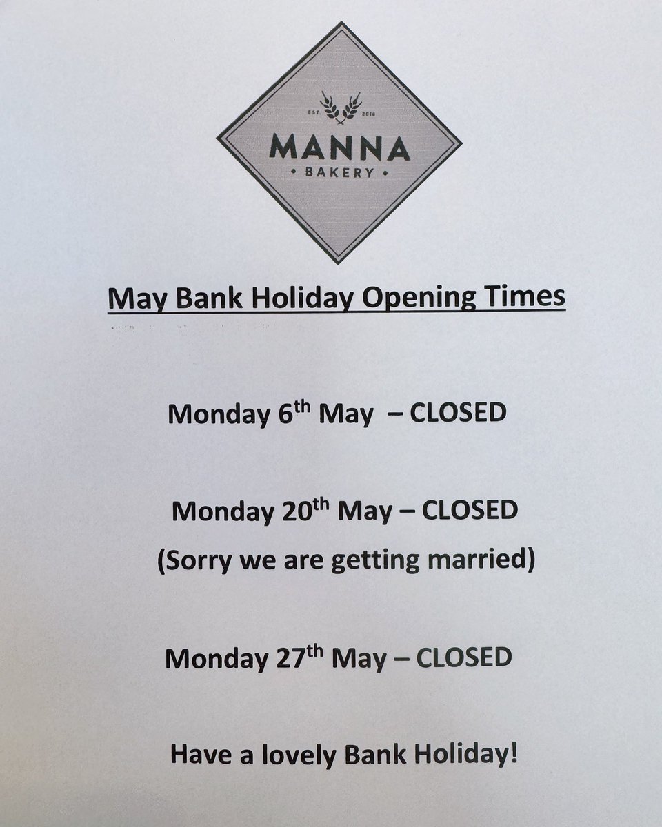 Please note we will be closed on Monday for the bank holiday! #bankholiday #shop #bakery #harrogate #yorkshire #coldbathroad #shoplocal #homemade #mannabakeryharrogate