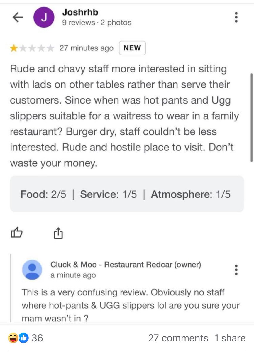 Forget politics today, here’s a Redcar restaurant review and their response