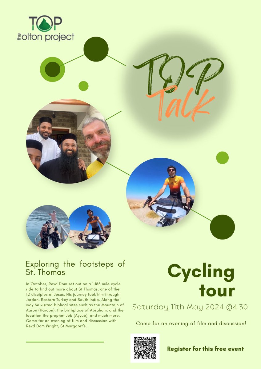 *TOP Talk is back* 

🌟 Join Us for The Olton Project Event! 🌟
Embark on an unforgettable journey with Revd Dom Wright as he shares his incredible 1,185 mile cycle ride experience in search of the footsteps of St. Thomas!
📅 *Date: Saturday, 11th May 2024*
🕟 *Time: 4:30 PM*