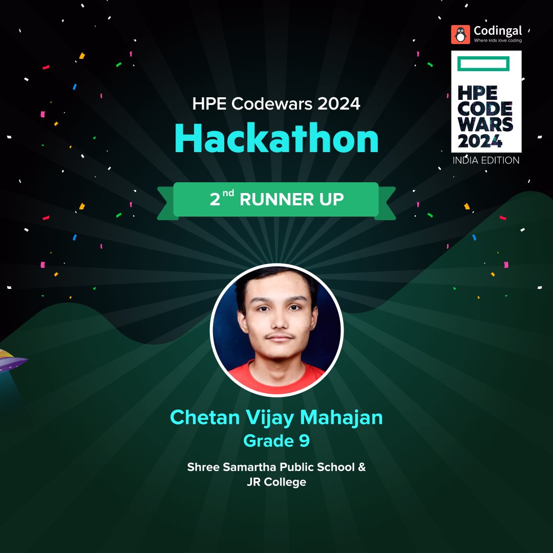 codingal's tweet image. Congratulations to the 2nd runner up of HPE CodeWars- Hackathon 2024! 📷
We extend our heartfelt greetings to Chetan Vijay Mahajan from Shree Samartha Public School &amp;amp; Jr College, Akola.
#hpecodewars2024  #codinghackathon #codingforkids #codingal #hackathonwinners