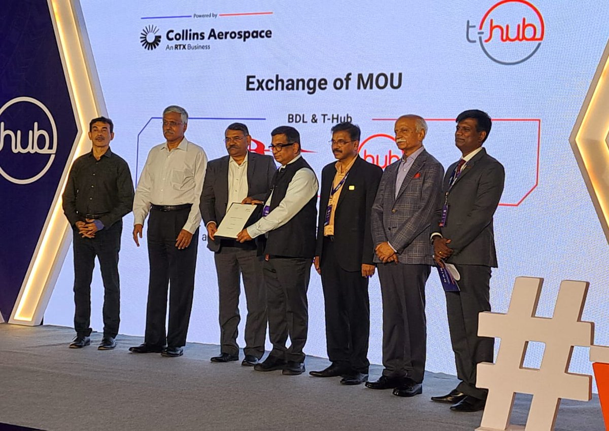 BDL signed a MoU with T-Hub to exploit indigenous deeptech capability towards making futuristic weapon systems.Shri Giridhar Aramane,Defence Secretary,Shri Jayesh Ranjan,Spl Chief Secretary of Ind &Commerce & IT,Cmde A Madhavarao,CMD,BDL,Shri MS Rao, CEO,T-Hub&others were present