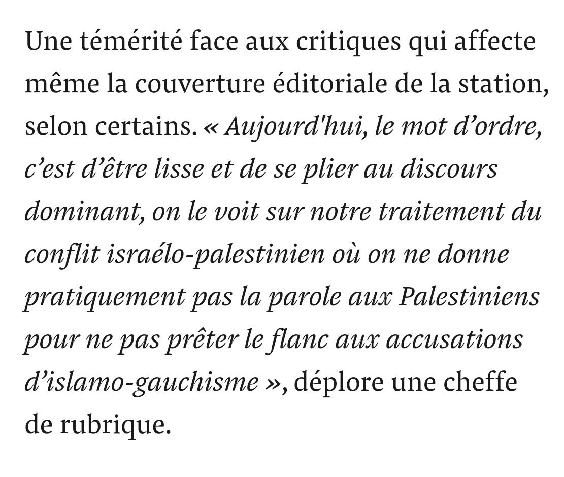 Journaliste de France Inter en off @Mediapart : 'le mot d’ordre, c’est d’être lisse et de se plier au discours dominant, on le voit sur notre traitement du conflit israélo-palestinien où on ne donne pratiquement pas la parole aux Palestiniens' 

Voilà … 
#GazaGenocide