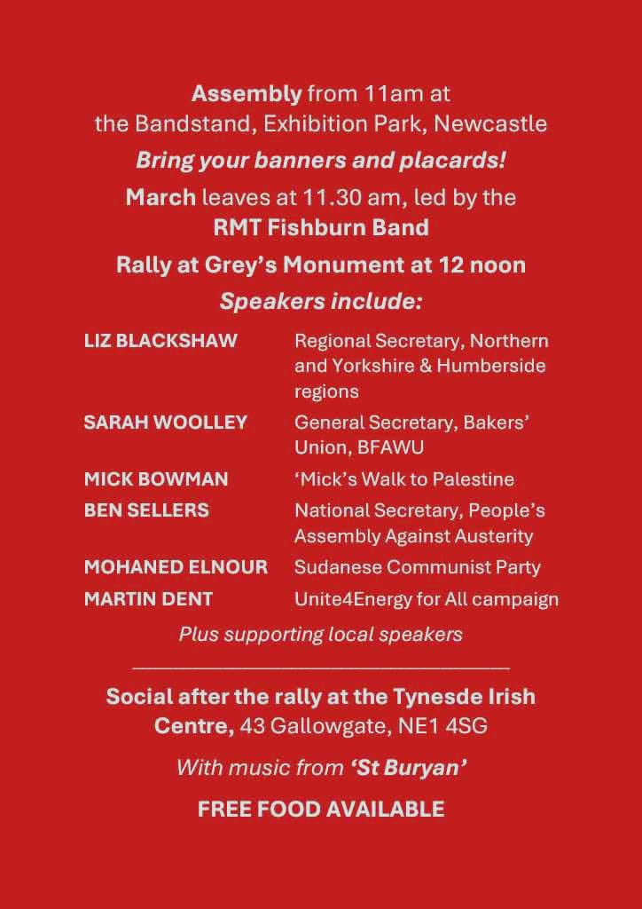 Join us at Tyne & Wear May Day march and rally in #Newcastle today! Assemble at bandstand, Exhibition park 11am, march to rally at Grey's monument 12noon with Mick Bowman - 'Mick's Walk to Palestine' - among speakers