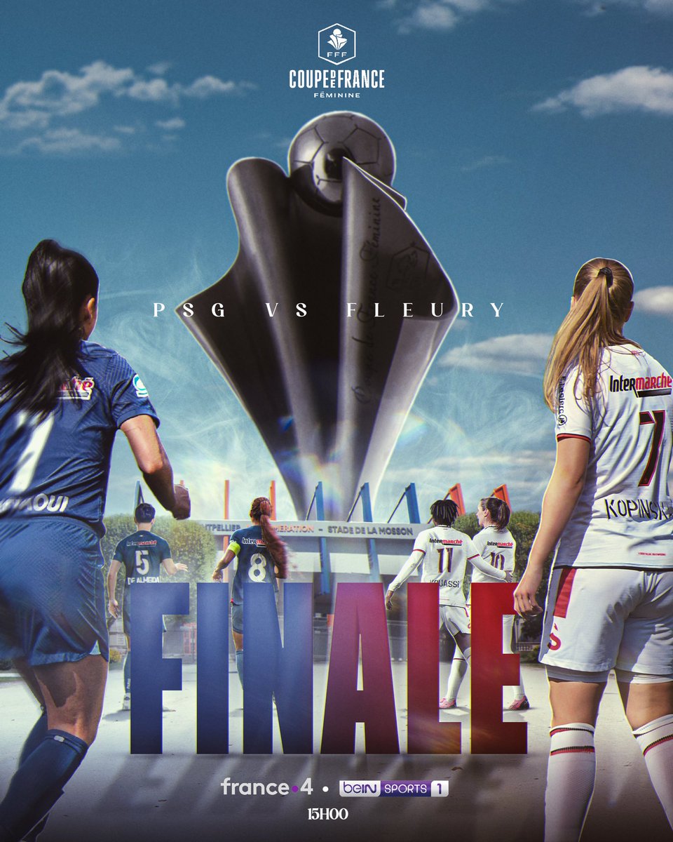 Le duel ultime pour cette finale de #CoupeDeFrance Féminine ⚔️ PSG vs Fleury 91 🏆 ⌚️ Aujourd’hui à 15h00 📍 Stade de la Mosson, Montpellier 📺 France 4 | @beinsports_FR
