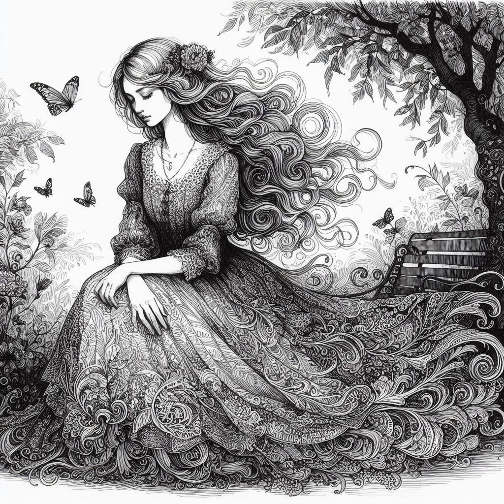 Why_hirosan's tweet photo. A Grayscale Beauty Sitting on a Bench in the Forest #GrayscaleBeauty #ForestBench #NaturePortrait ＃AIイラスト https://t.co/qpocI98Nbd