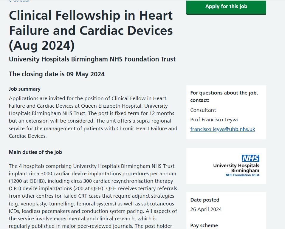 Interested in a post-CCT HF/device fellowship @uhbtrust starting Aug 2024? Exposure to >250 CRT cases/yr with advanced troubleshooting (tunnelling/fibroplasty/snaring). Quaternary centre with integrated services (EP/HF/transplant). DM if interested. @manish2107 @cardiologists5