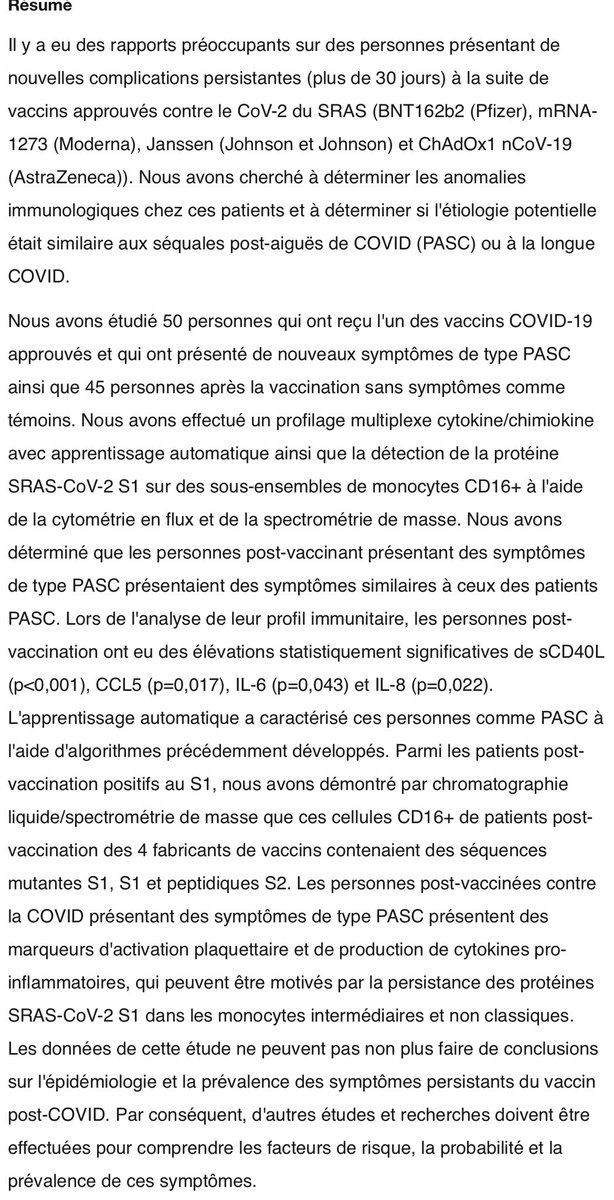 Persistance de la protéine S1 dans les monocytes CD16+ jusqu'à 245 jours chez les personnes négatives suite à la vaccination post-COVID-19 contre le SRAS-CoV-2 présentant des séquales post-aiguës de symptômes de type (PASC)
@AnneliseBocquet @PinsolleT 
medrxiv.org/content/10.110…