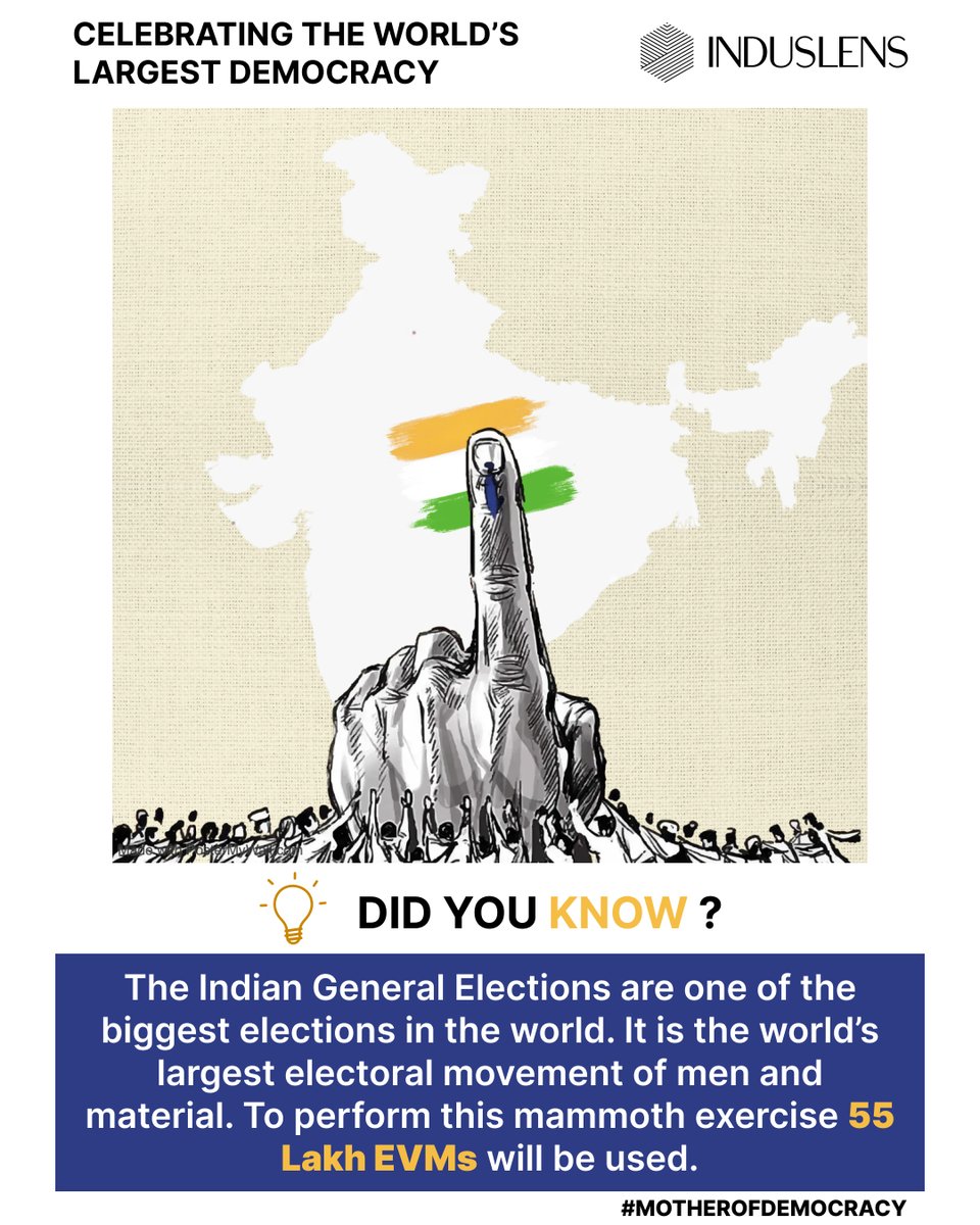 Celebrating the World's Largest Democracy  

The Indian #GeneralElections, a monumental democratic event, demonstrate unparalleled mobilization of manpower and resources, emphasizing the vast scale and significance of India's democracy.  

#MotherOfDemocracy #LokSabhaElection2024