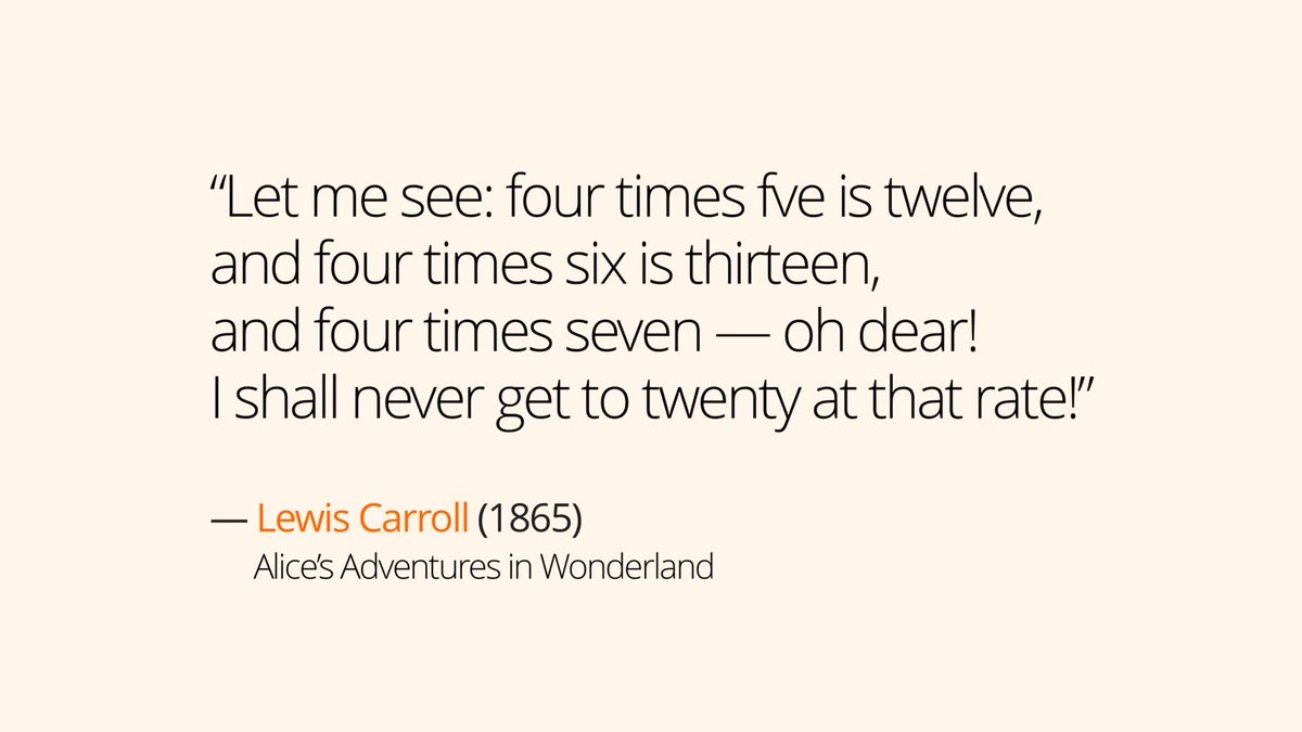 On this day, 4 May, Alice fell into (a mathematical) Wonderland, where 4 × 5 = 12 (base 18) 4 × 6 = 13 (base 21) 4 × 7 = 14 (base 24)… 4 × 11 = 18 (base 36) 4 × 12 = 19 (base 39)… but she’d never get to 20 because that’s where the pattern stops... 4 × 13 (base 42) ≠ 20
