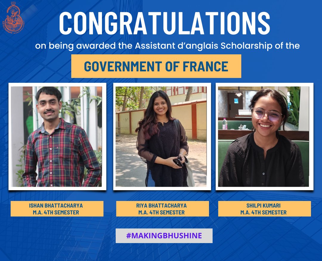 Three students of M.A. (4th Semester), Department of French Studies, have been awarded the coveted Assistant d’anglais (English Language Assistant) scholarship 2024-25 of the French Ministry of Education. Congratulations and best wishes! #MakingBHUShine #BHU