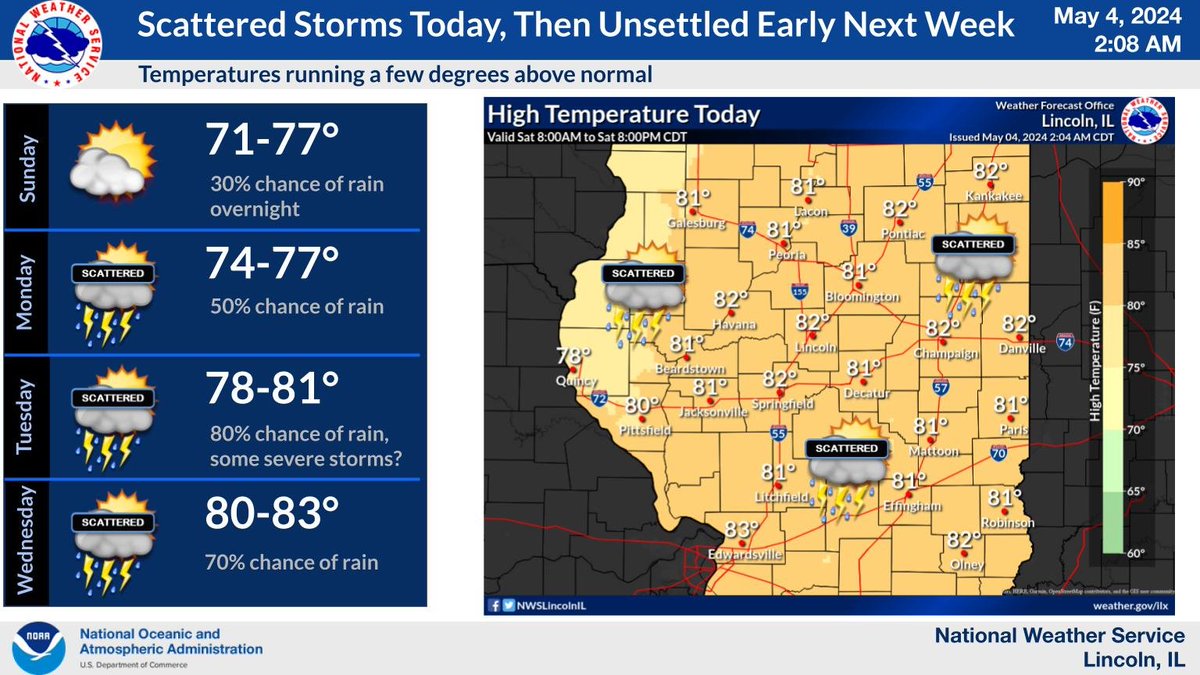 Scattered storms will occur late this afternoon and evening, a few of which could be severe. After a break on Sunday, periods of thunderstorms return Sunday night trough midweek, with another chance of severe storms on Tuesday. Temps will be on the warm side of normal. #ILwx