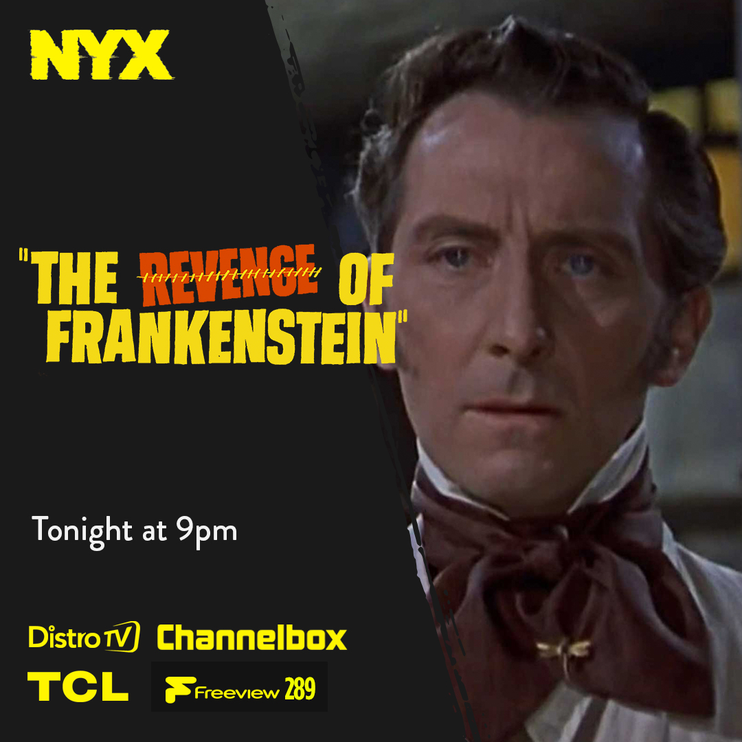 The Baron is back and using his new name of Dr Stein and has restarted his deadly experiments as @HammerFilms Sundays continue at 9pm with The Revenge of Frankenstein.
@FreeviewTV 289, @ChannelboxTV, @DistroTV nyxtv.co.uk #HammerSundays