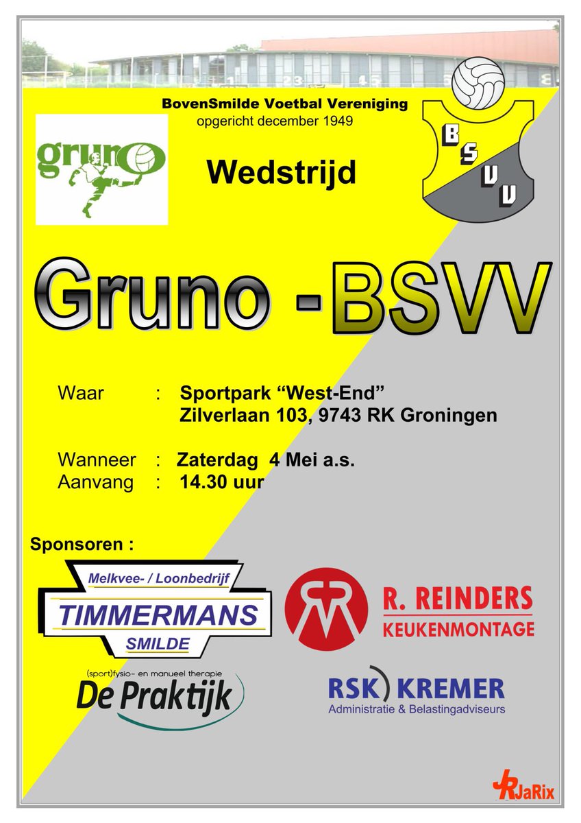 Matchday ⚔️

⚫️🟡

📰 <a href="/VVGruno/">VV Gruno</a> - <a href="/BSVV1/">BSVV</a> 
⚽️ Nr.  2 🆚 Nr. 3
📍 Groningen
🕝 14:30 uur
🏆 Competitie

#SamenZijnWijBSVV