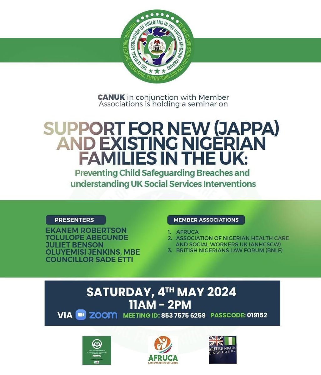 Join us @afruca, Central Association of Nigerians in the UK, other partners at our event: Support for Japa and Existing Nigerian Families in the UK: Preventing Child Safeguarding Breaches and understanding UK Social Services Interventions Saturday, 4 May 2024 at 11am. On Zoom