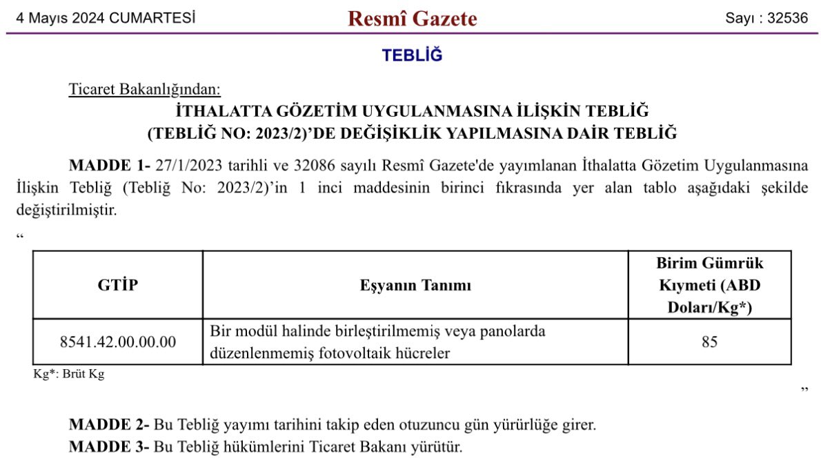 İthalatta Gözetim Uygulanmasına İlişkin Tebliğ (Tebliğ No: 2023/2)’de Değişiklik Yapılmasına Dair Tebliğ

Güneş hücresi ithalatında 60$/KG olarak uygulanan gözetim bedeli 85$/KG’a çıkarıldı.

Yerli hücre üretimini teşvik edici bir adım.

Panel fiyatları az da olsa artar.