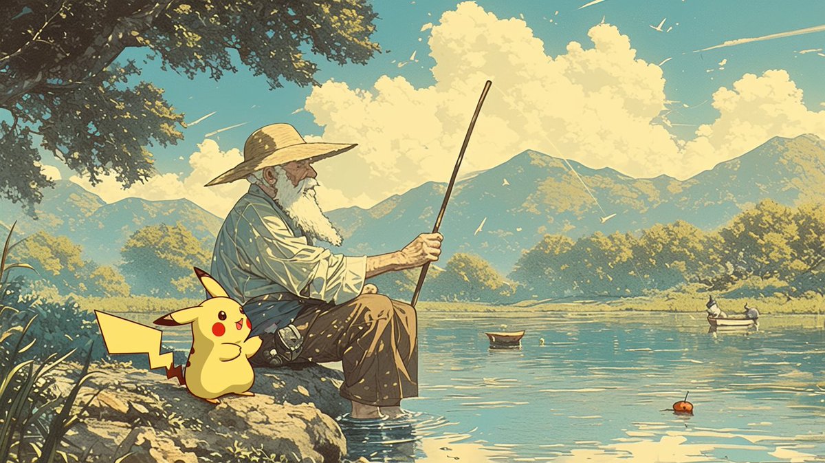 ピカチュウ 「An old man fishing and Pikachu 」|tarteのイラスト
