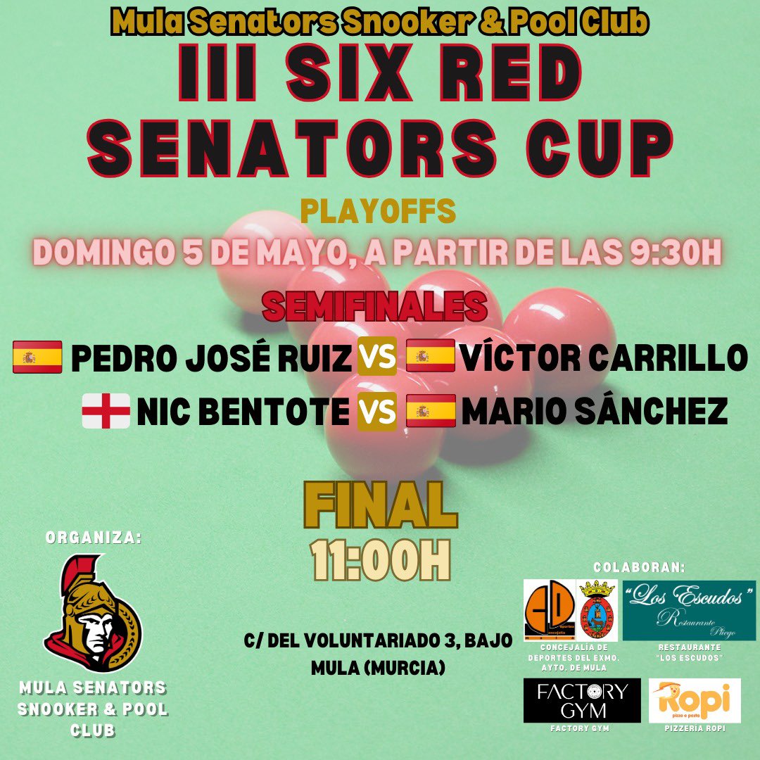 Así quedan las semifinales del “Six Red Senators Cup” que se disputarán mañana domingo a partir de las 9:30h. Después de las semifinales se jugará la gran final.