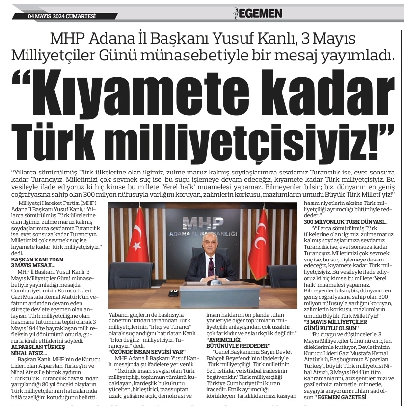 Başkan Yusuf KANLI, MHP’nin de Kurucu Lideri olan Alparslan Türkeş’in ve Nihal Atsız ile birçok aydının “Türkçülük, Turancılık davası”ndan yargılandığı 80 yıl önceki olayların Türk milliyetçilerinin hafızalarında hâlâ tazeliğini koruduğunu belirtti.