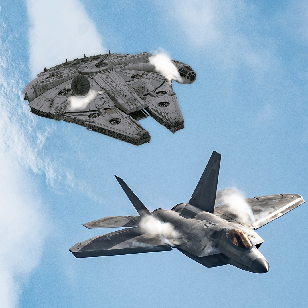 Do you know how many parsecs the #MillenniumFalcon did the Kessel Run in according to Han Solo? We reckon Razz in the #F22 could get it done faster and look better doin' it! 🤙🏼 ✈️ For all the jedi-lovin' nerds out there, Happy #StarWars Day! 🤩 May the Fourth be with you! 😎