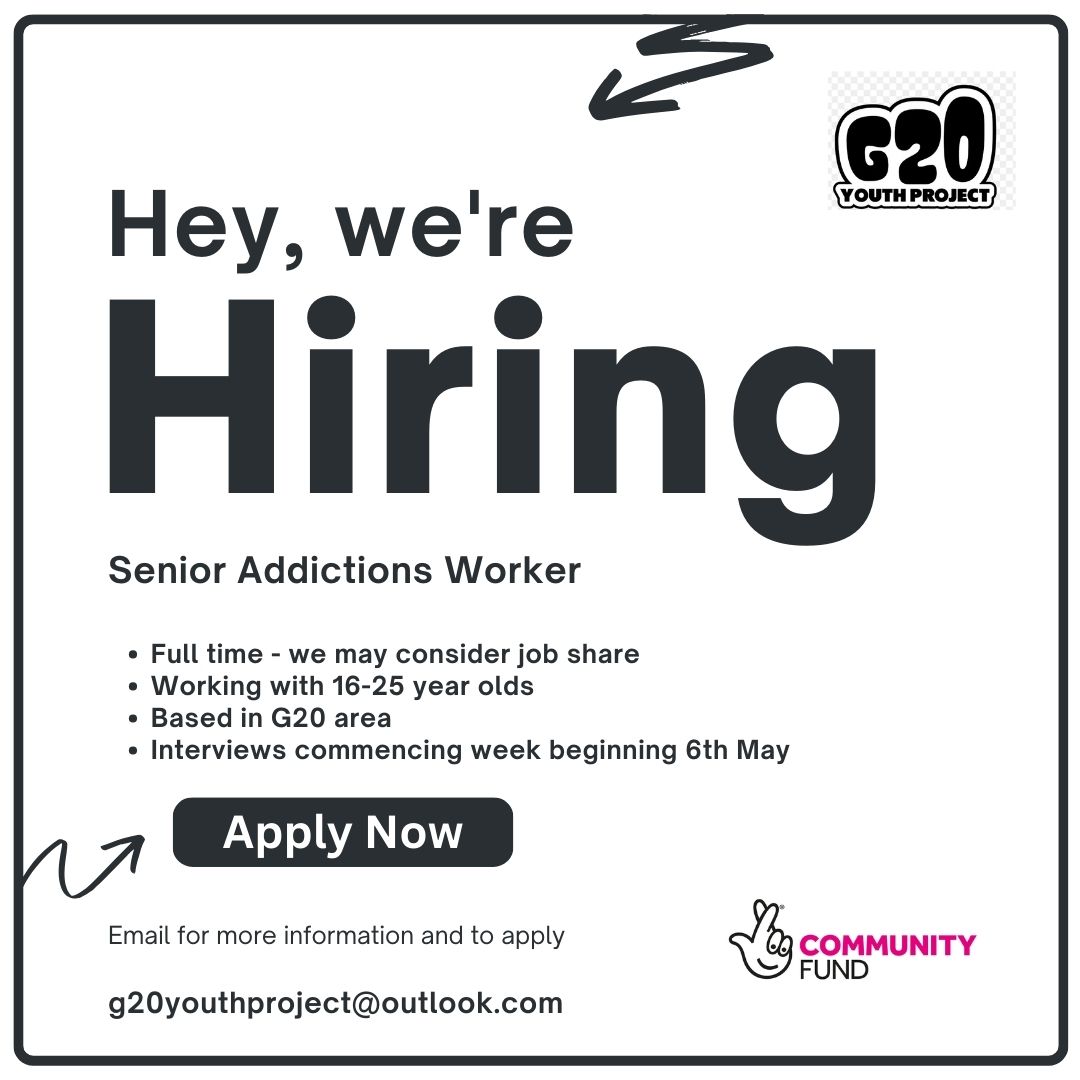 Last chance to apply @G20YouthProject Senior Addictions Worker post. Deadline 5th May. Interviews 15th May We're also advertising for a part time youth worker. If you know any experienced youth workers who might be interested - here's the link uk.indeed.com/jobs?q=G20+You…