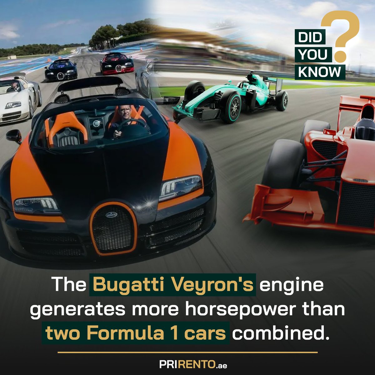 The Bugatti Veyron's engine generates more horsepower than two Formula 1 cars combined. 
 #FactsOfTheDay #LuxuryRides #CarRentals #InterestingFacts #HighEndVehicles #LuxuryCarHire #DidYouKnowFacts #ExoticCars #LuxuryCarRental #CarFacts