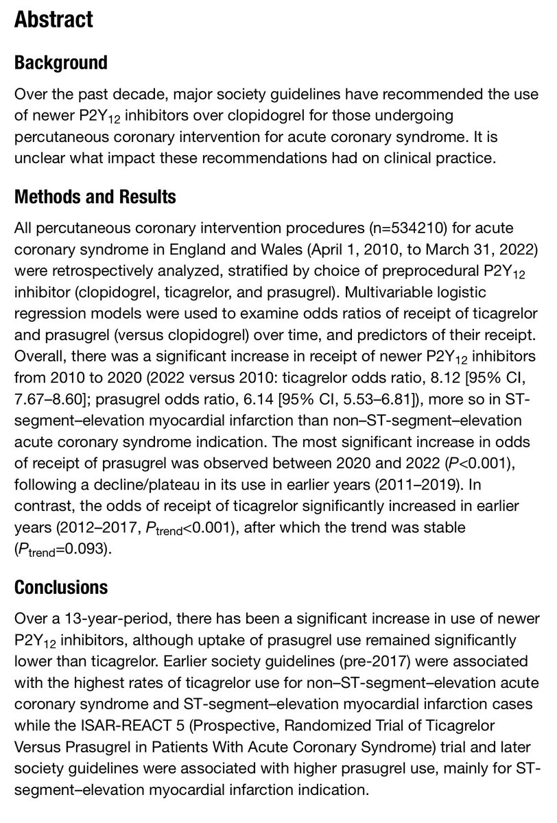 1. Our analysis of Impact of Society Guidelines and RCTs on Trends in Use of Newer P2Y12 Inhibitors for Patients With ACS Undergoing PCI in the UK published today: ahajournals.org/doi/10.1161/JA… Led by @dr_mosama with @dataevan @mirvatalasnag @amibanerjee1 @leilaabidt @ncurzen…