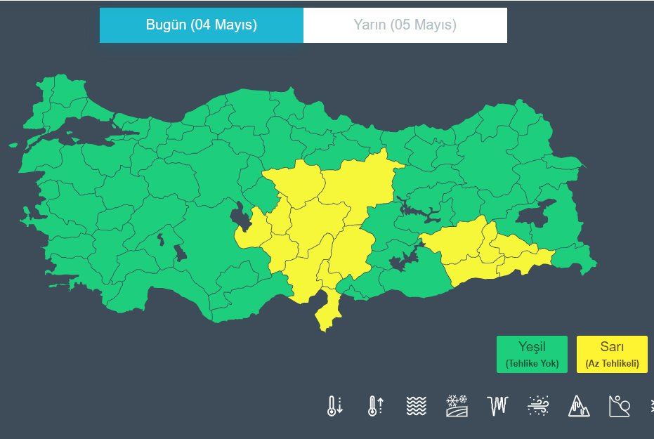 Meteoroloji Genel Müdürlüğü 'sarı' kod uyarısında bulundu. 15 kentte kuvvetli yağış bekleniyor. Yetkililer, ani sel, su baskını, yıldırım, yerel dolu yağışı, yağış anında kuvvetli rüzgar, hortum ve ulaşımda aksamalar gibi olumsuzluklara karşı vatandaşları uyardı.