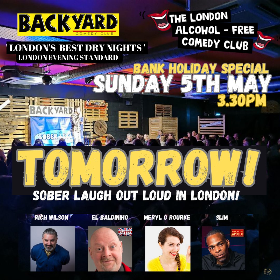 Lets Do This! 💯
Still time to join us for a cracking afternoon out @Backyard_Comedy  completely #alcoholfree!
🎤 4 Top Comedians
🍹 Great #afdrinks
🎟️ Soberisfun.co.uk
#london #bankholidayweekend #soberlondon #londonevent #londonlife #whatsonlondon #sober #RecoveryPosse