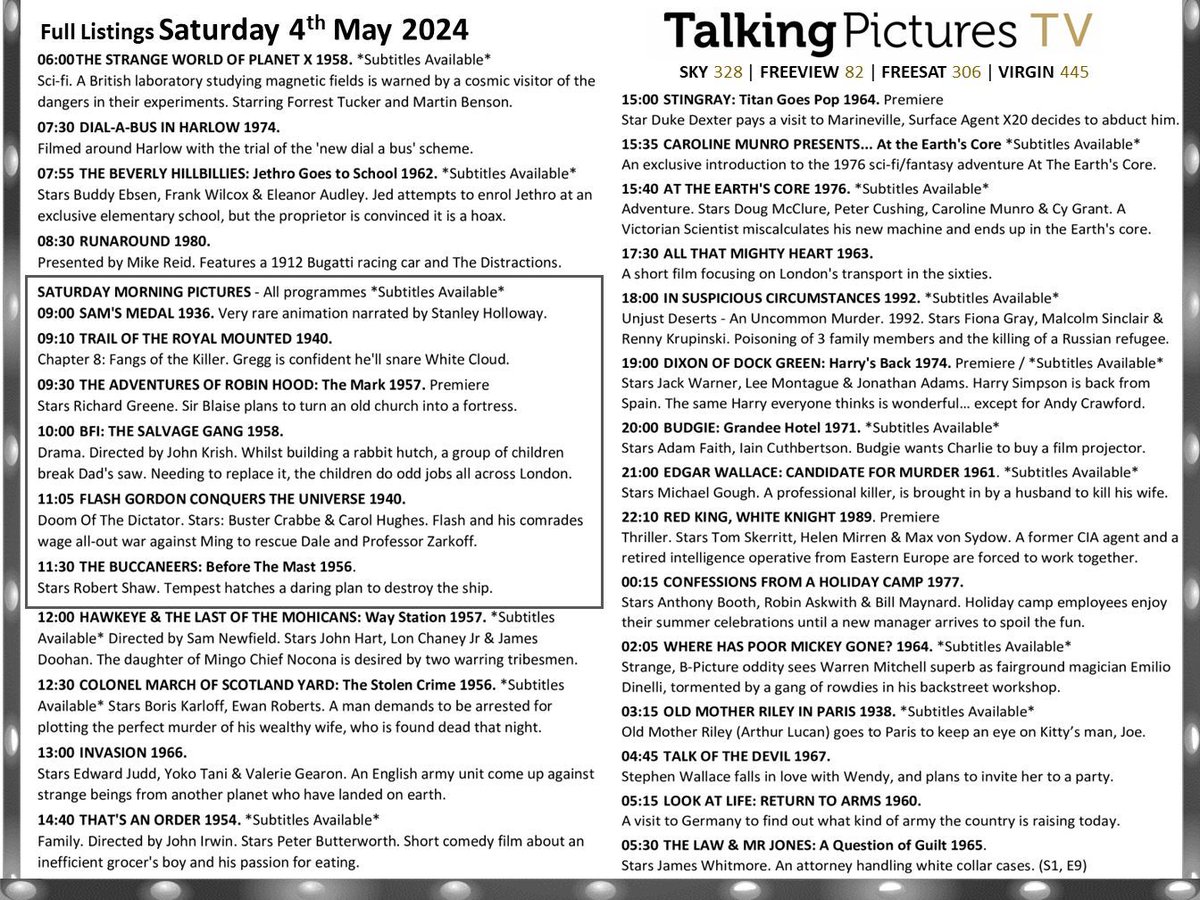 Full listings for today, Saturday 4th May on #TalkingPicturesTV
